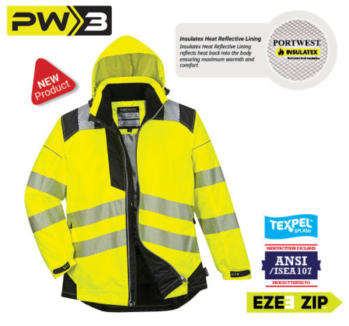 Portwest PW3 Hi-Vis Winter Jacket Work Safety Protective Reflective Waterproof Coat ANSI 3