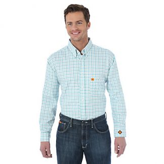Wrangler FR Long Sleeve Button Down Collar Plaid Shirt Turquoise