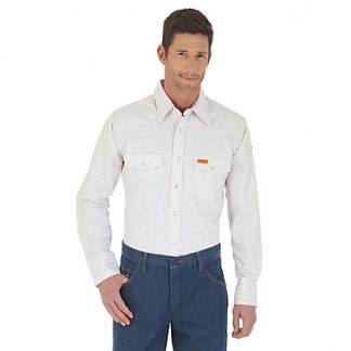 Wrangler FR Long Sleeve Button Down Collar Plaid Shirt White